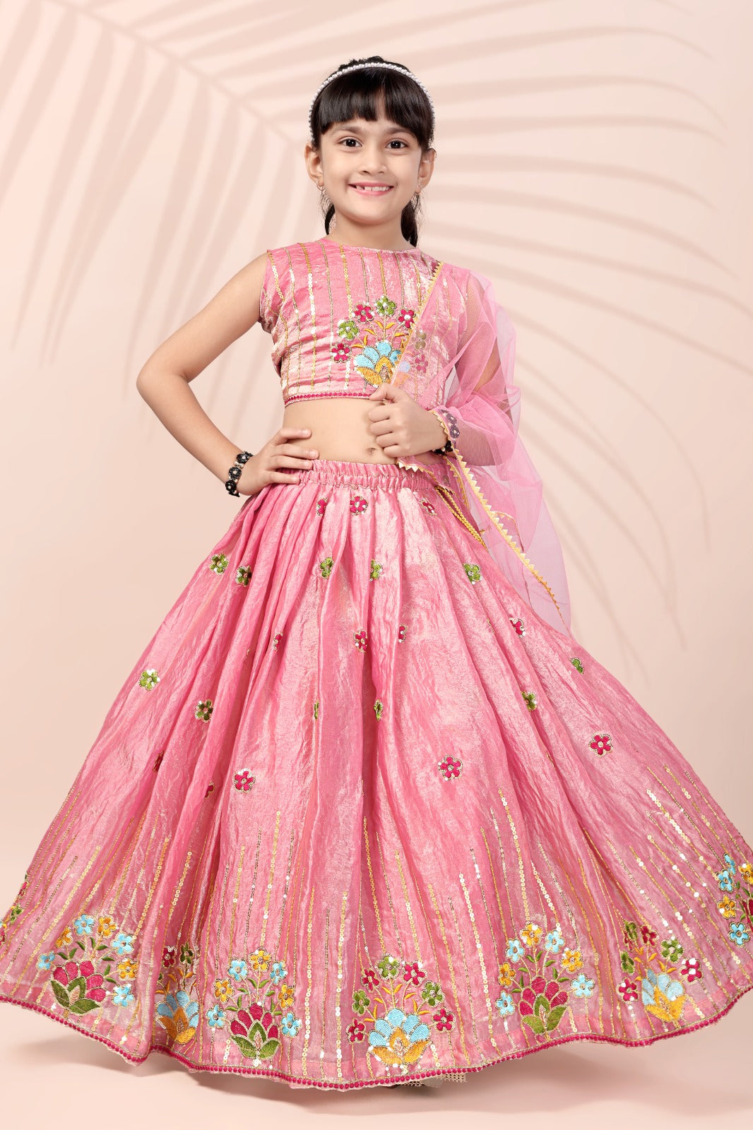 Pink Embroidered Girls Lehenga Choli