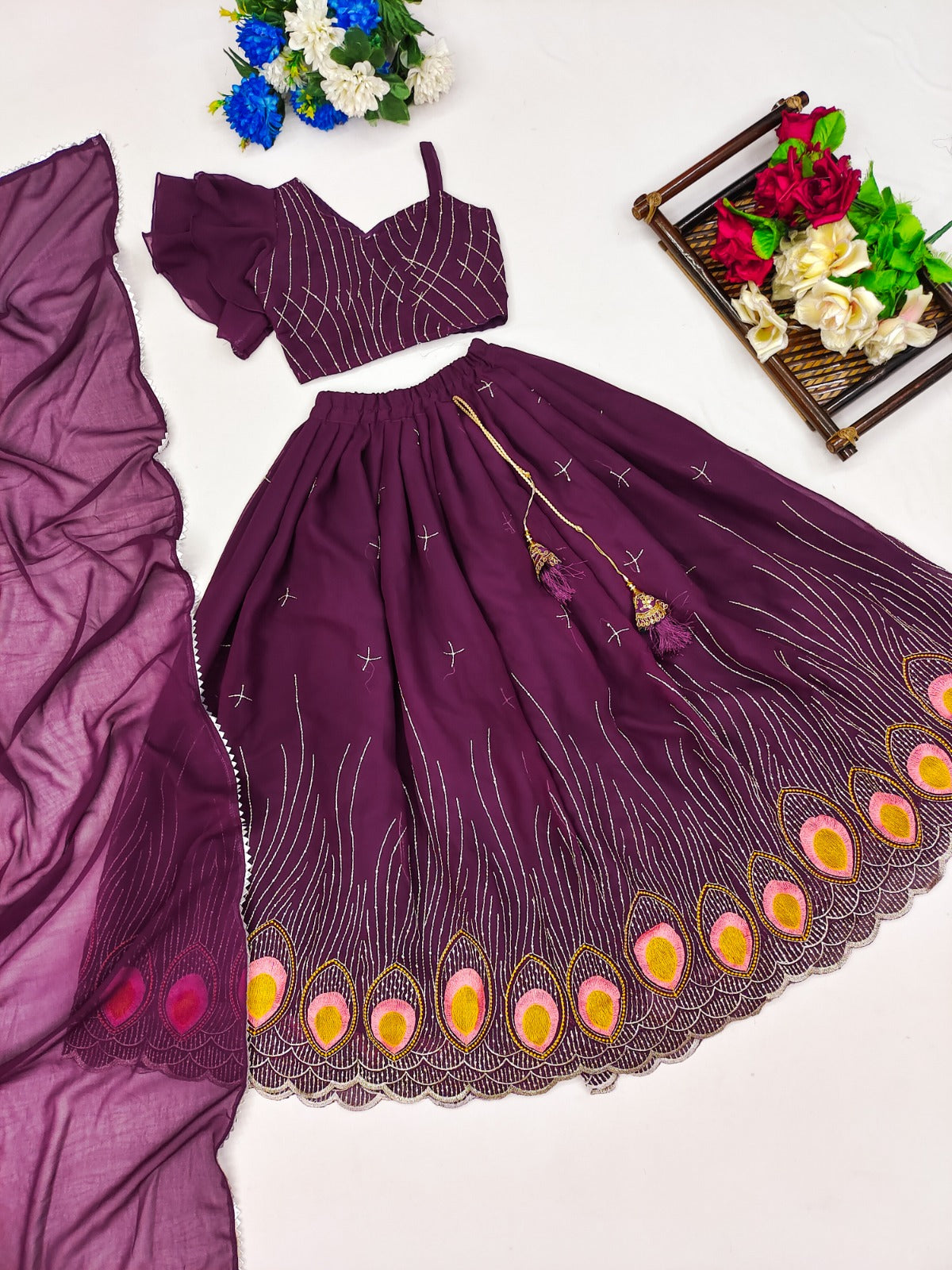 Purple Peacock Embroidered Girls Lehenga Choli