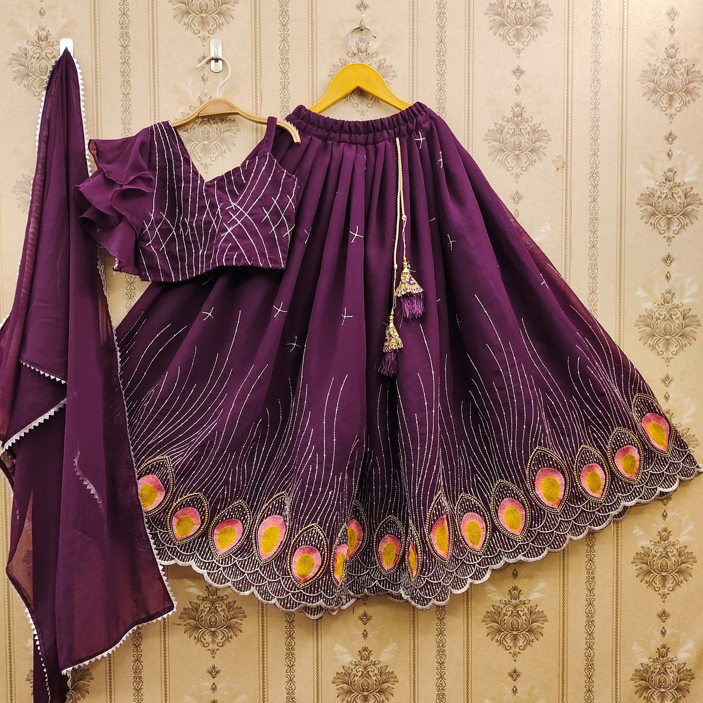 Purple Peacock Embroidered Girls Lehenga Choli