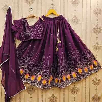 Purple Peacock Embroidered Girls Lehenga Choli