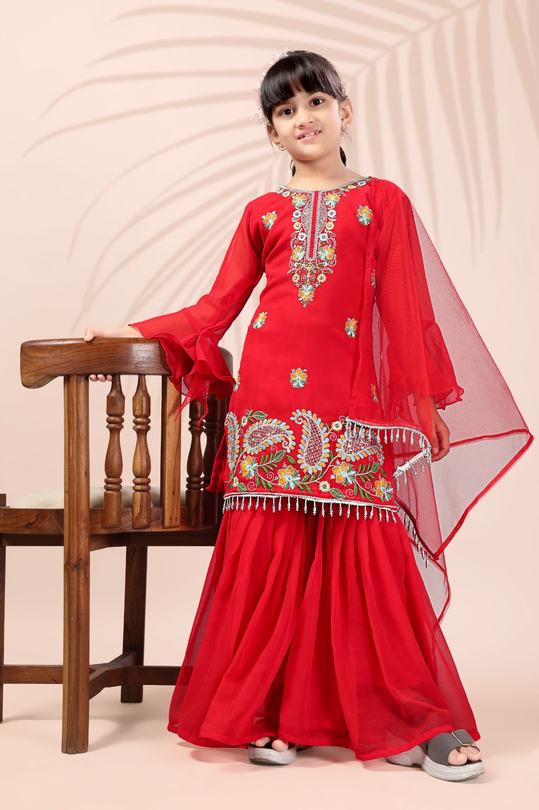 Red Embroidered Kids Sharara Suit