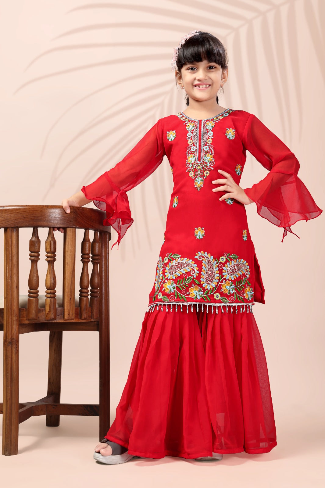 Red Embroidered Kids Sharara Suit