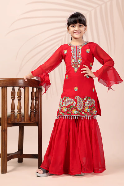 Red Embroidered Kids Sharara Suit