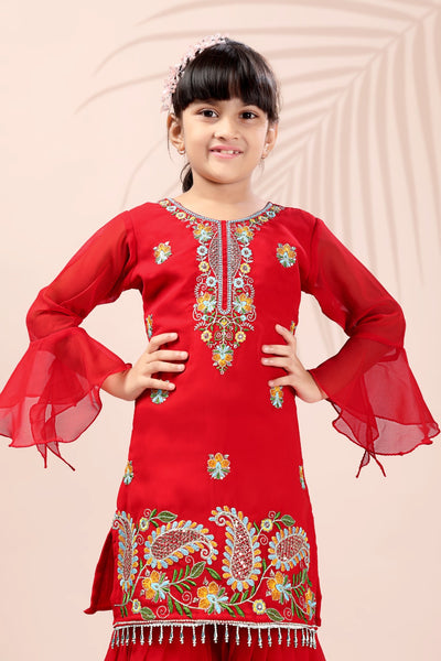 Red Embroidered Kids Sharara Suit