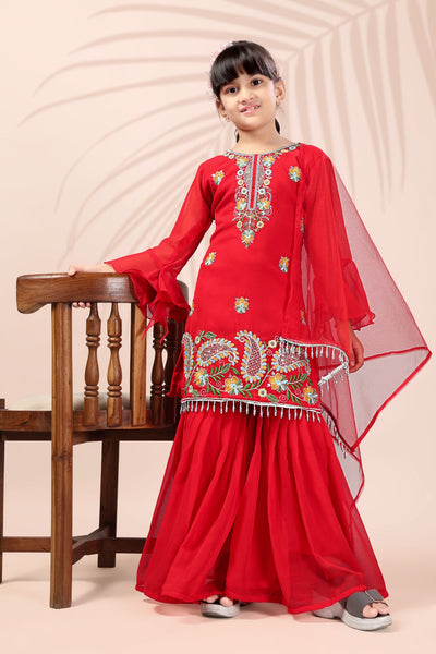Red Embroidered Kids Sharara Suit
