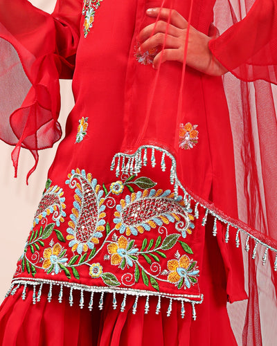 Red Embroidered Kids Sharara Suit