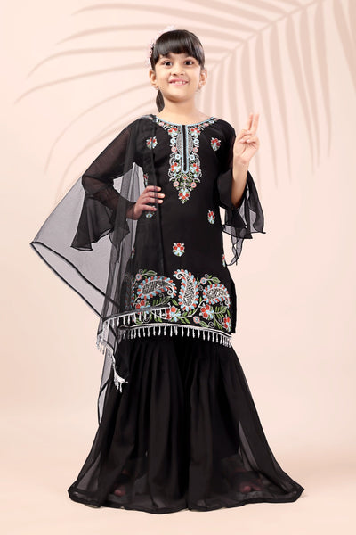 Black Embroidered Kids Sharara Suit