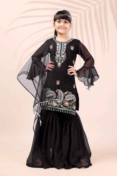 Black Embroidered Kids Sharara Suit