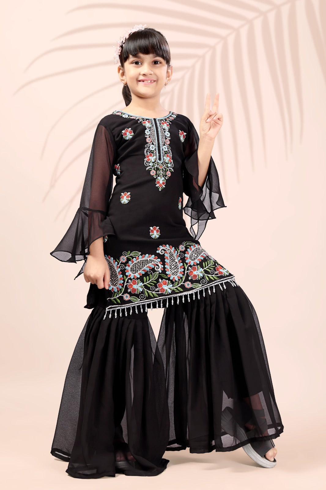 Black Embroidered Kids Sharara Suit