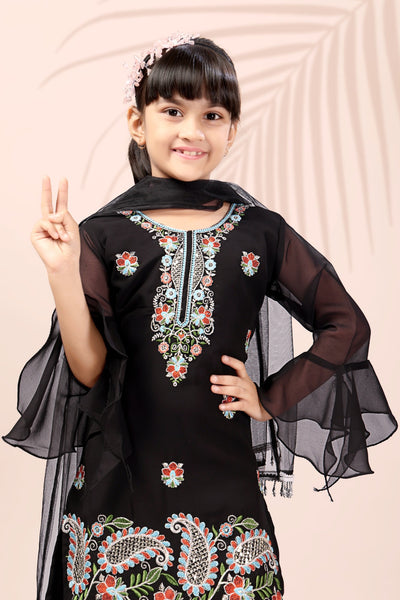Black Embroidered Kids Sharara Suit