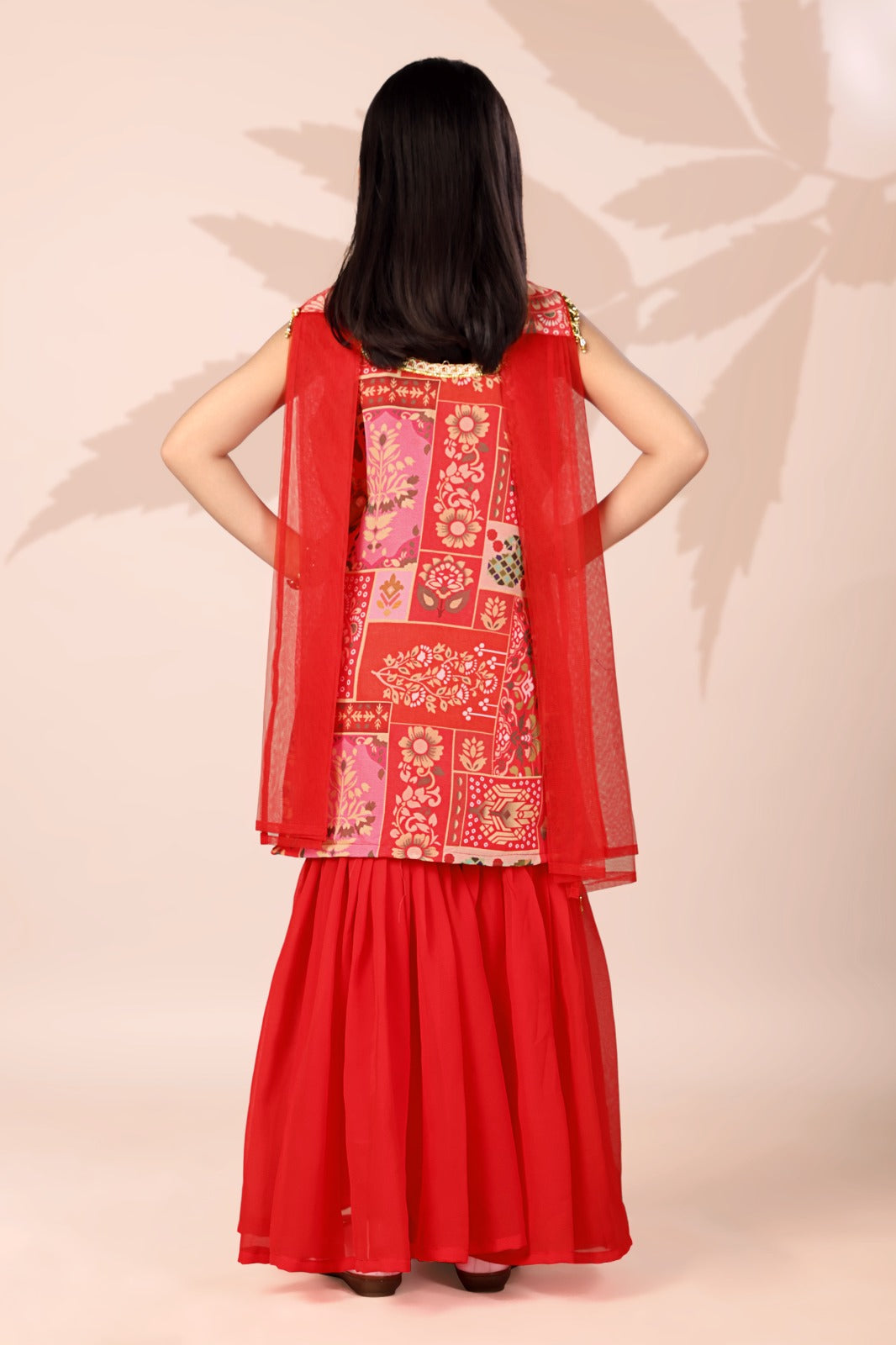 Red Patchwork Print Sharara Set for Girls