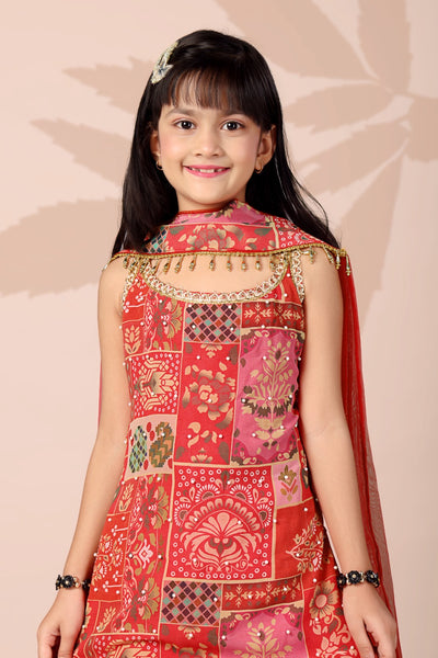 Red Patchwork Print Sharara Set for Girls