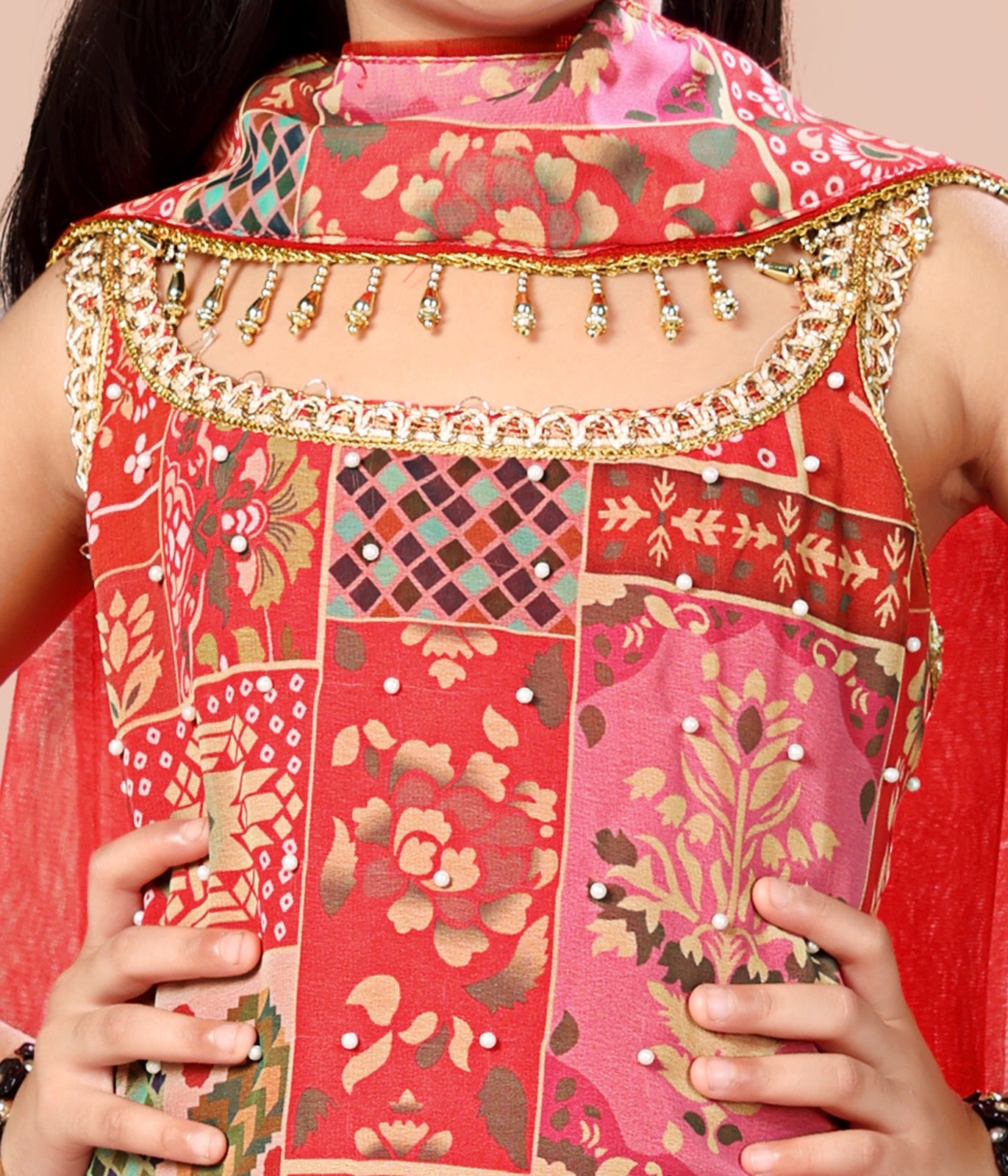 Red Patchwork Print Sharara Set for Girls