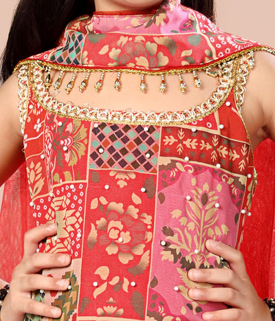 Red Patchwork Print Sharara Set for Girls