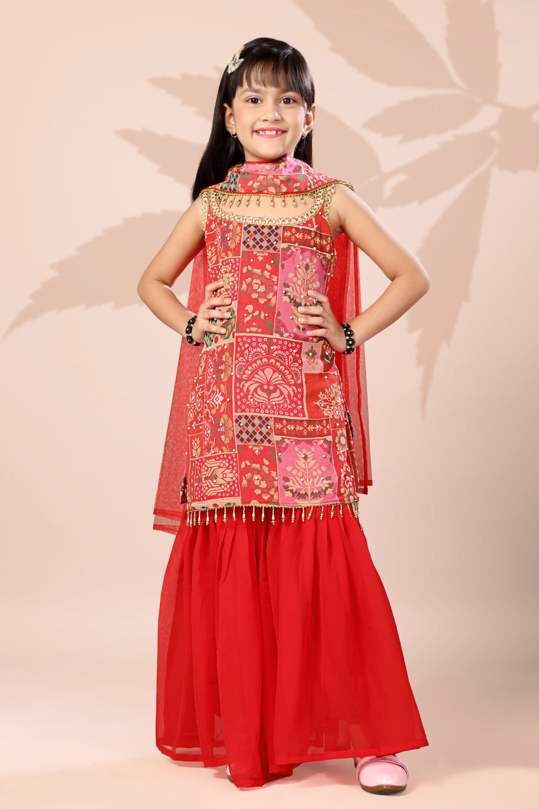 Red Patchwork Print Sharara Set for Girls