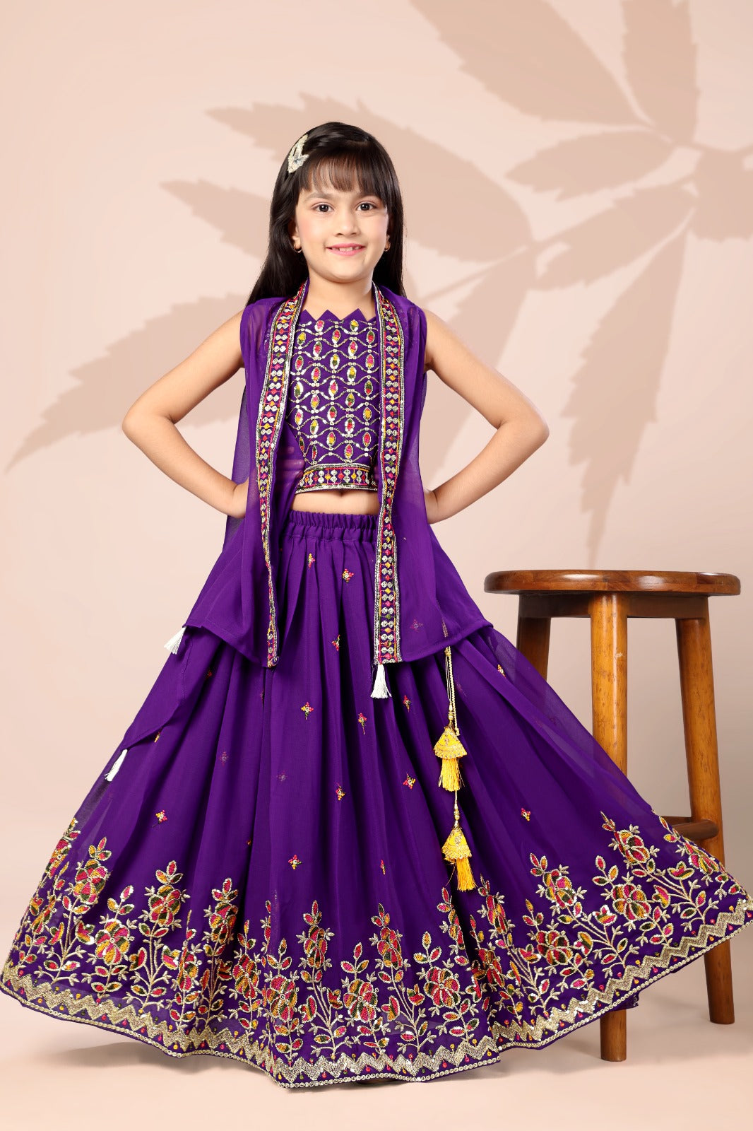 Purple Embroidered Girls Lehenga Choli