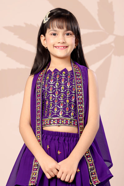 Purple Embroidered Girls Lehenga Choli