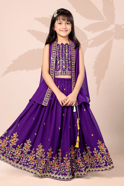Purple Embroidered Girls Lehenga Choli