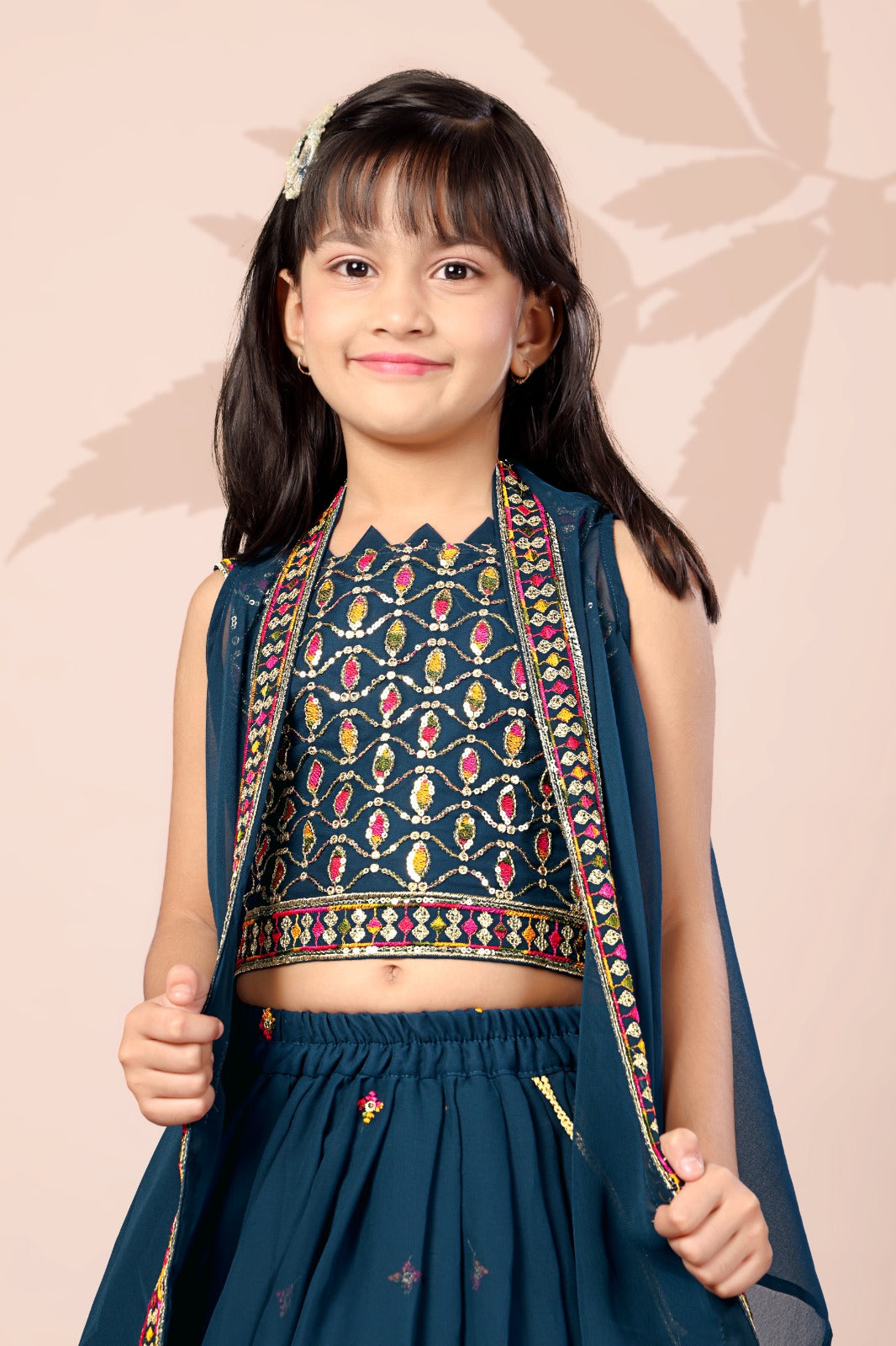 Teal Blue Multi Flower Embroidered Girls Lehenga Choli