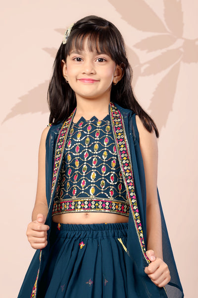 Teal Blue Multi Flower Embroidered Girls Lehenga Choli