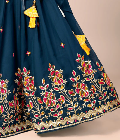 Teal Blue Multi Flower Embroidered Girls Lehenga Choli