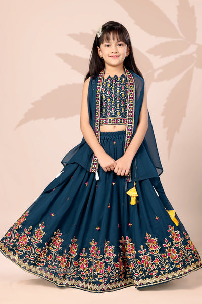 Teal Blue Multi Flower Embroidered Girls Lehenga Choli