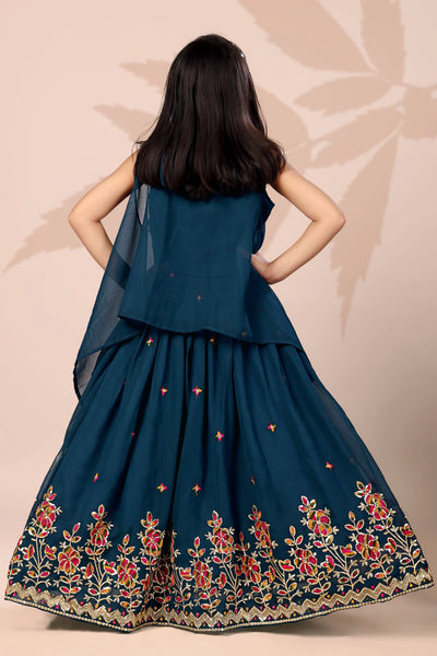 Teal Blue Multi Flower Embroidered Girls Lehenga Choli