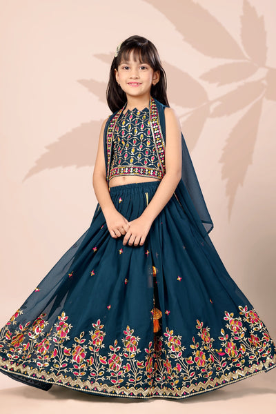 Teal Blue Multi Flower Embroidered Girls Lehenga Choli