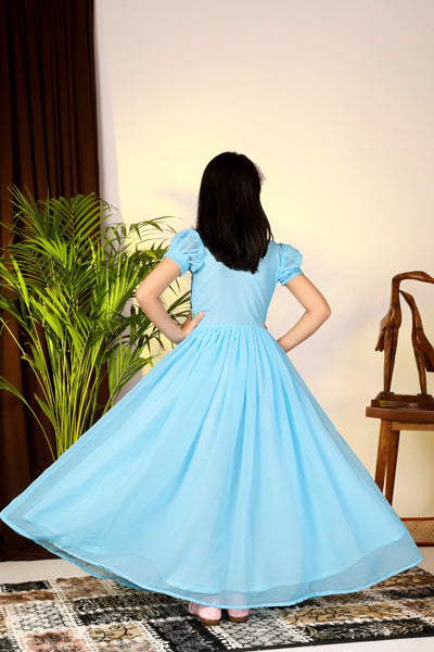 Sky Blue Floral Embroidered Kids Gown