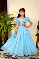 Sky Blue Floral Embroidered Kids Gown