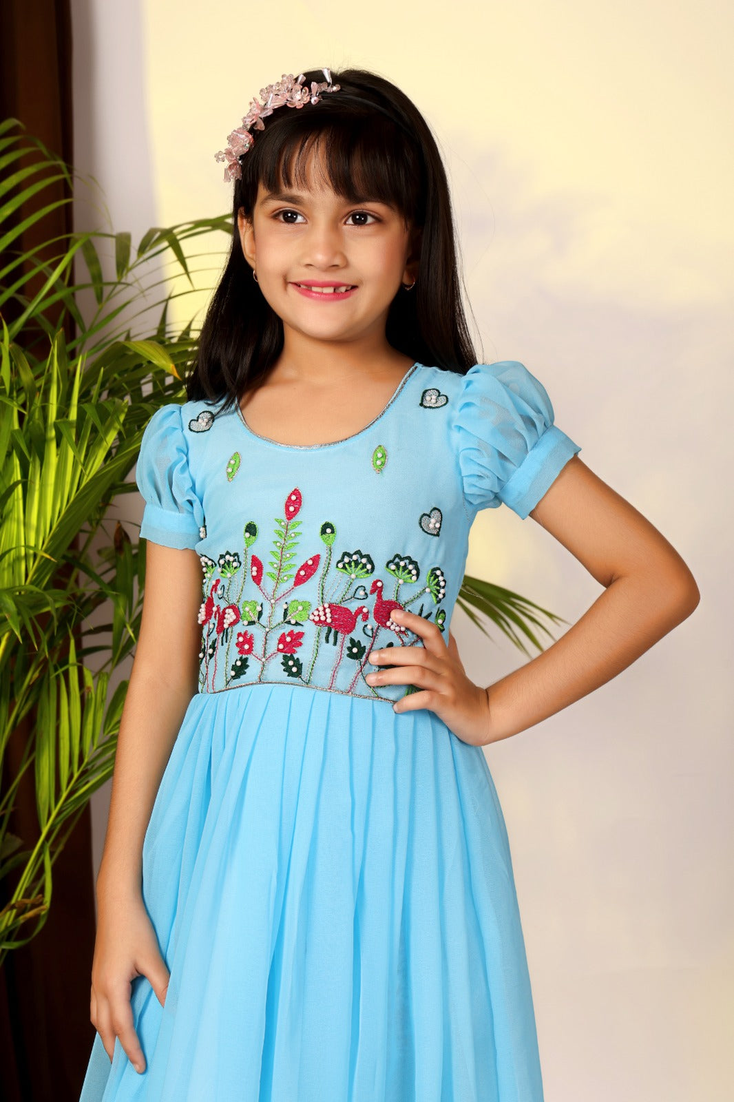 Sky Blue Floral Embroidered Kids Gown