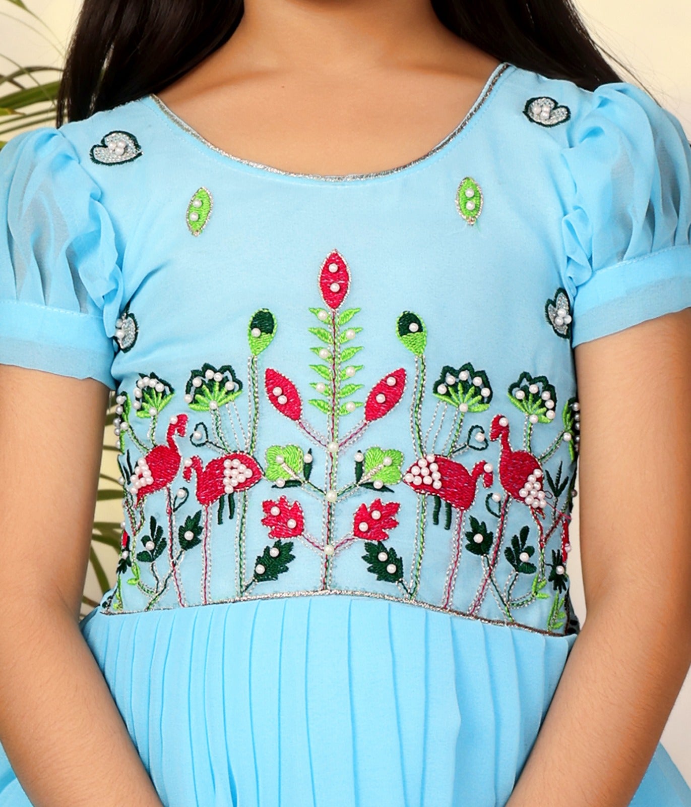 Sky Blue Floral Embroidered Kids Gown