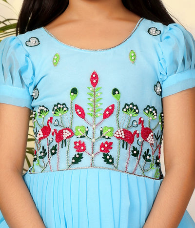 Sky Blue Floral Embroidered Kids Gown
