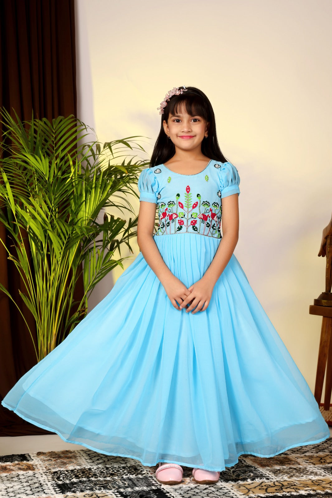 Sky Blue Floral Embroidered Kids Gown