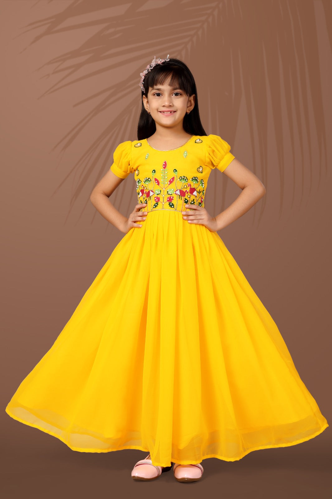 Sunshine Yellow Floral Embroidered Kids Gown