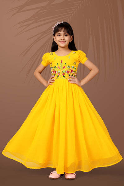 Sunshine Yellow Floral Embroidered Kids Gown