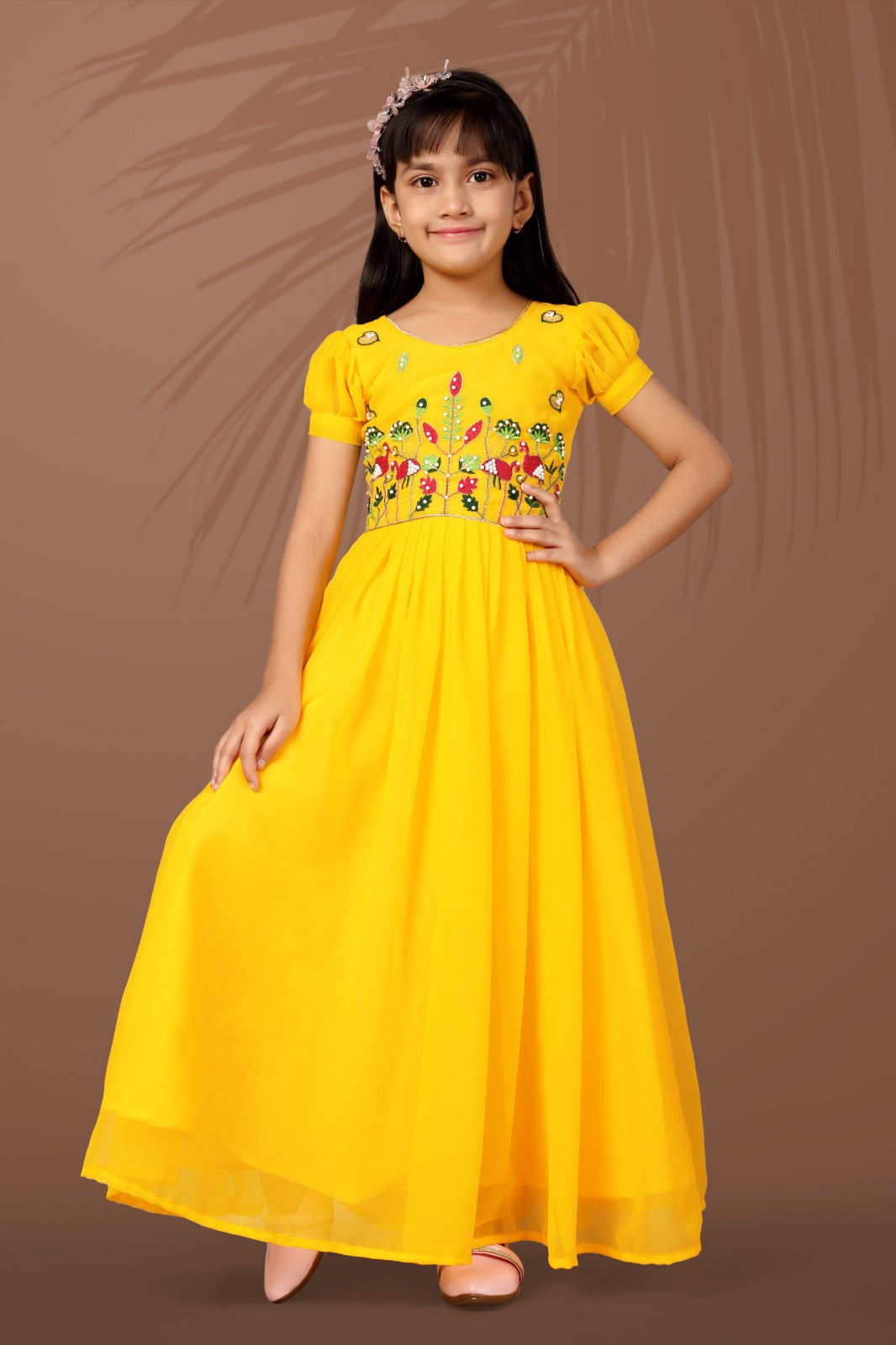 Sunshine Yellow Floral Embroidered Kids Gown
