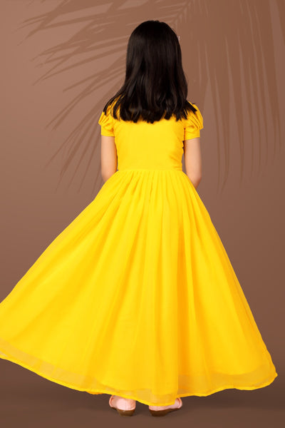 Sunshine Yellow Floral Embroidered Kids Gown