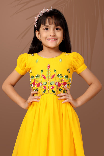 Sunshine Yellow Floral Embroidered Kids Gown
