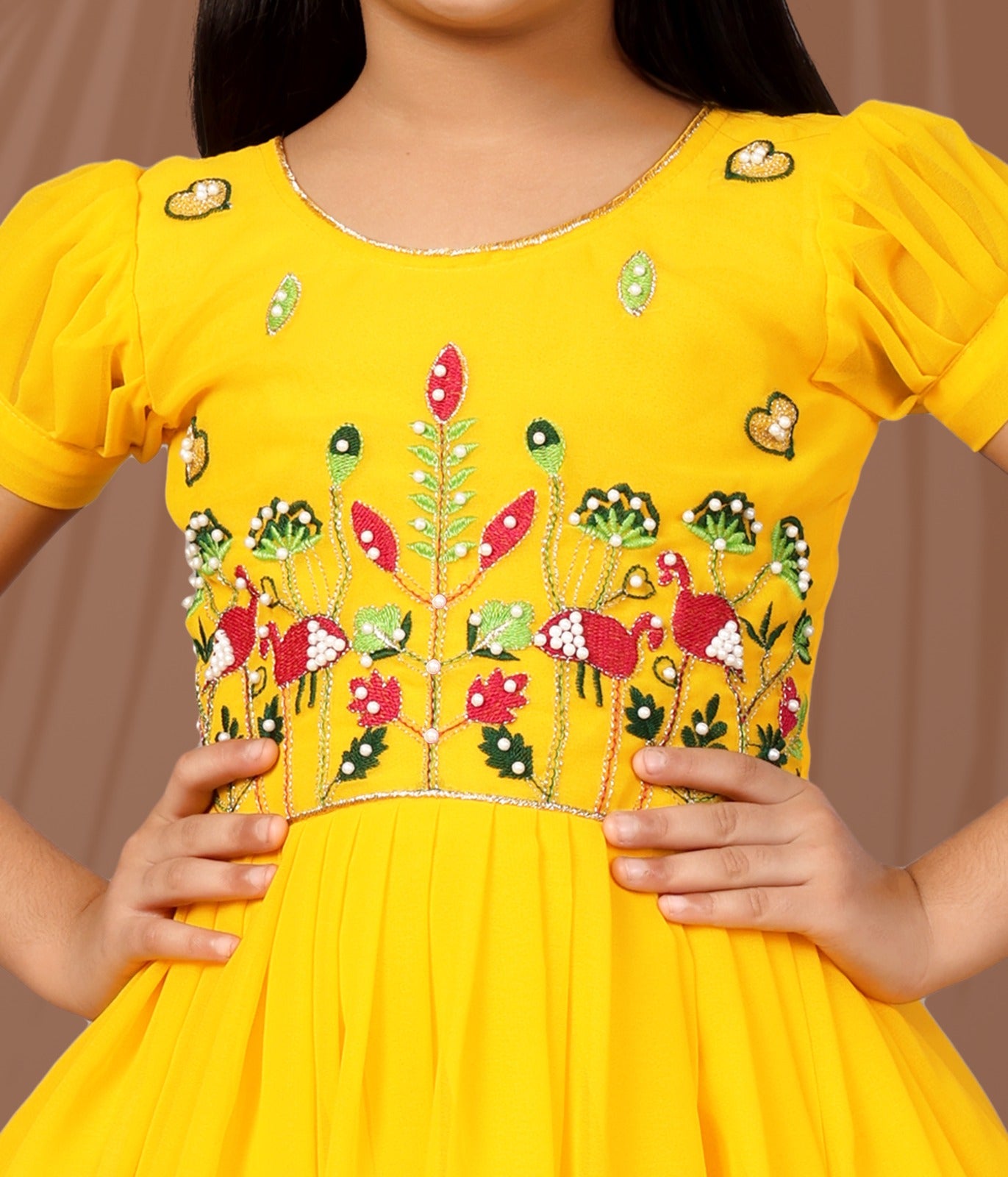 Sunshine Yellow Floral Embroidered Kids Gown