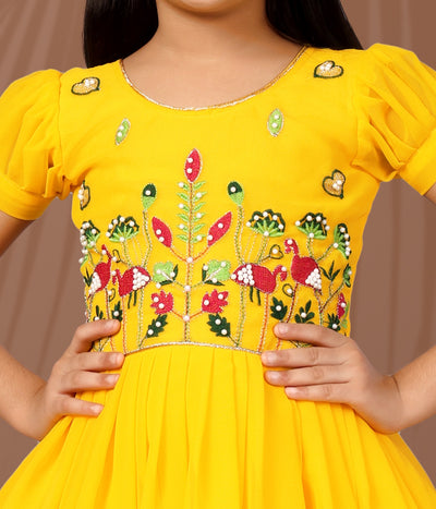 Sunshine Yellow Floral Embroidered Kids Gown