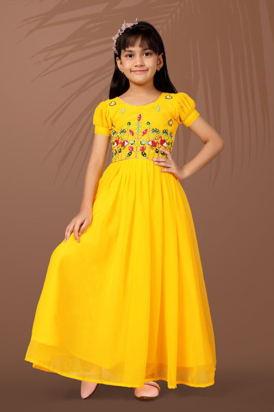 Sunshine Yellow Floral Embroidered Kids Gown