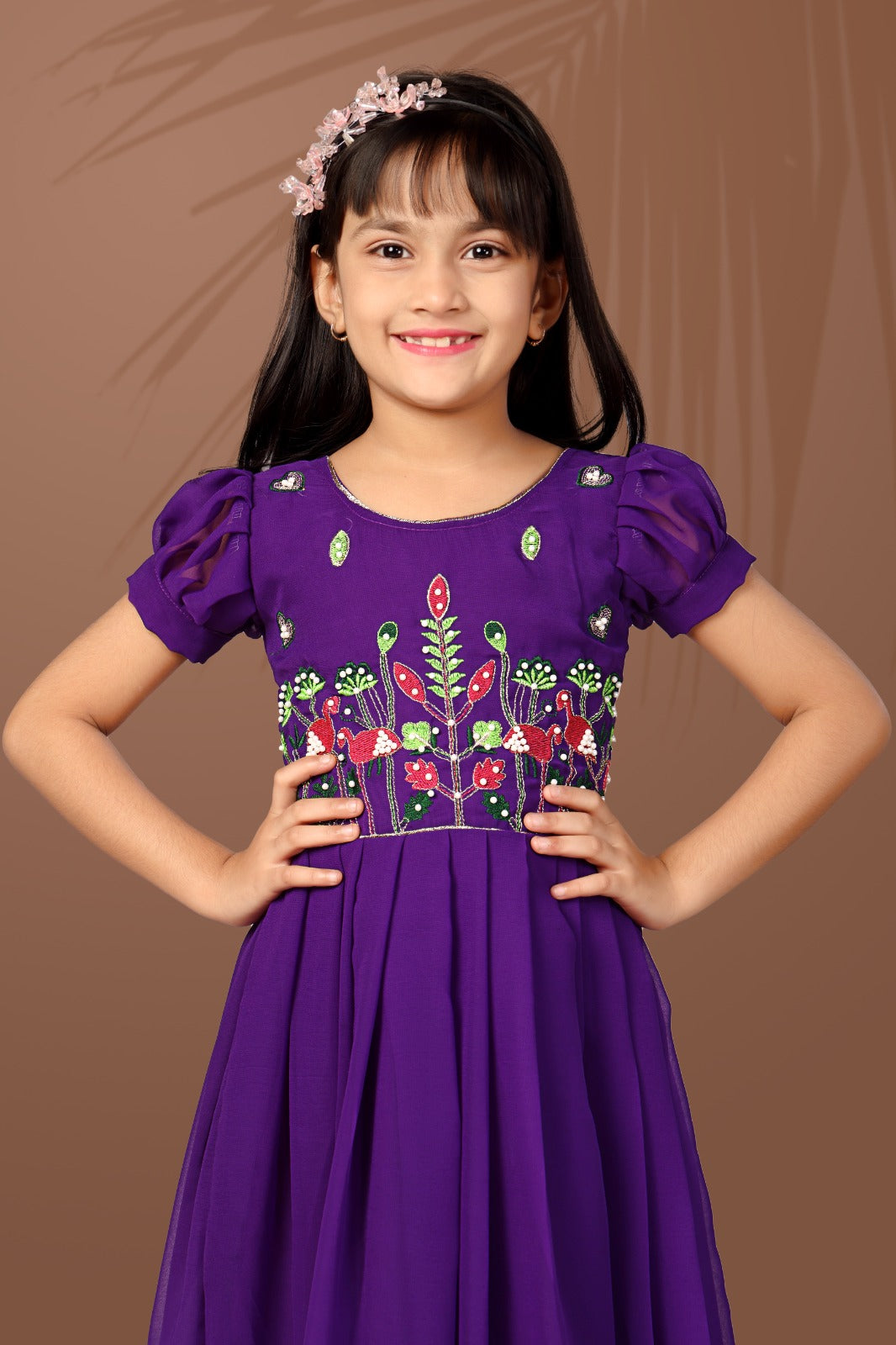 Purple Floral Embroidered Kids Gown