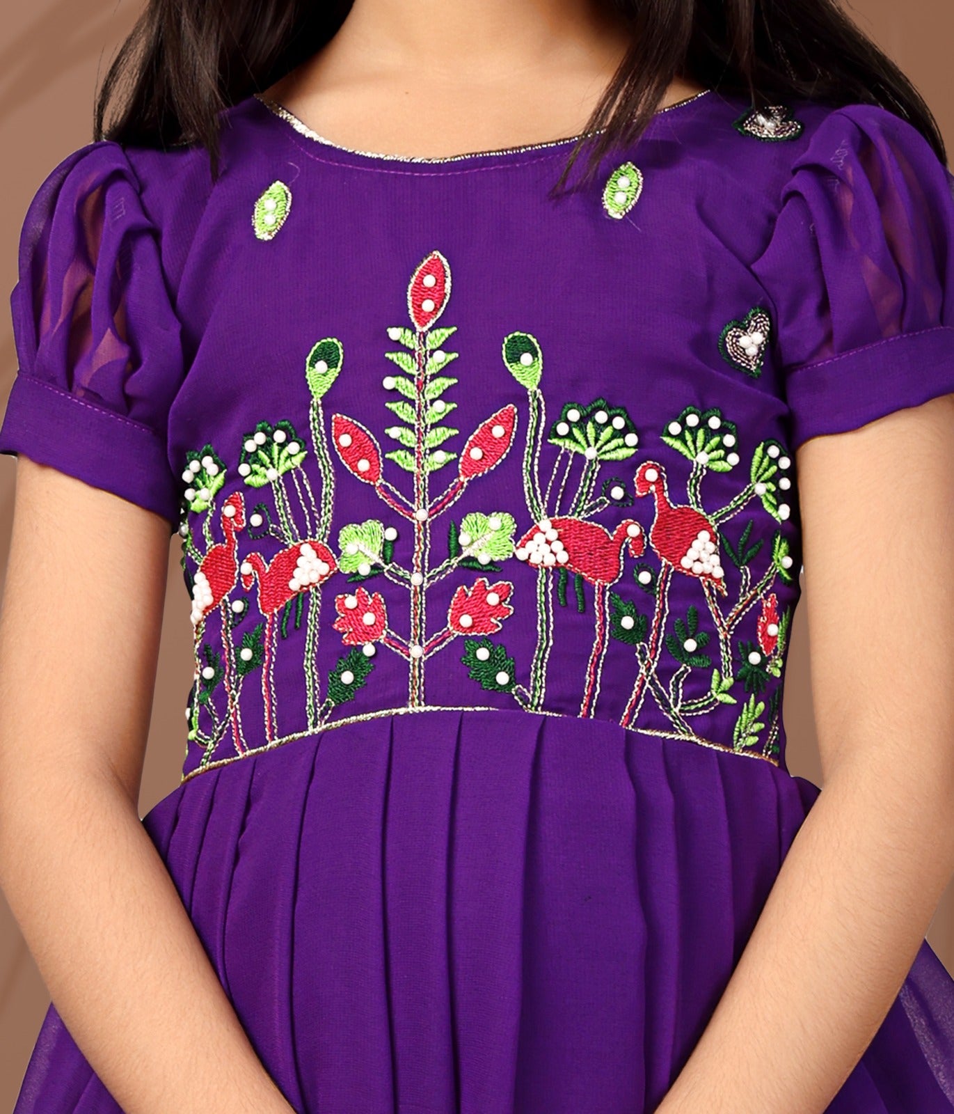 Purple Floral Embroidered Kids Gown