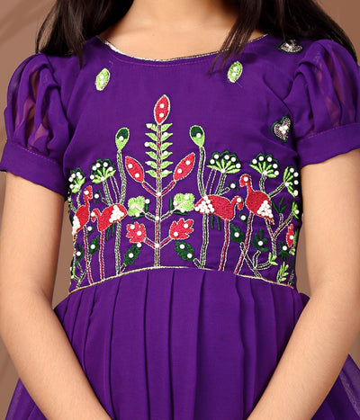 Purple Floral Embroidered Kids Gown