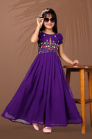 Purple Floral Embroidered Kids Gown