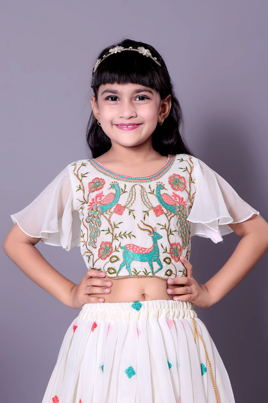 Elegant Off White Embroidered Girls Lehenga Choli