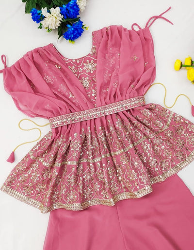Designer Pink Embroidered Kids Palazzo Set