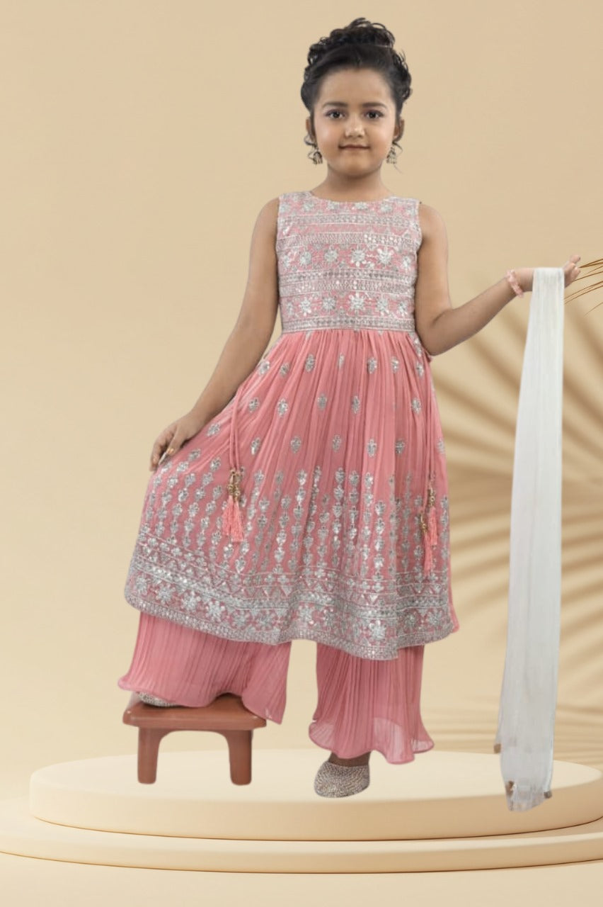 Pastel Pink Silver Embroidered Palazzo Set